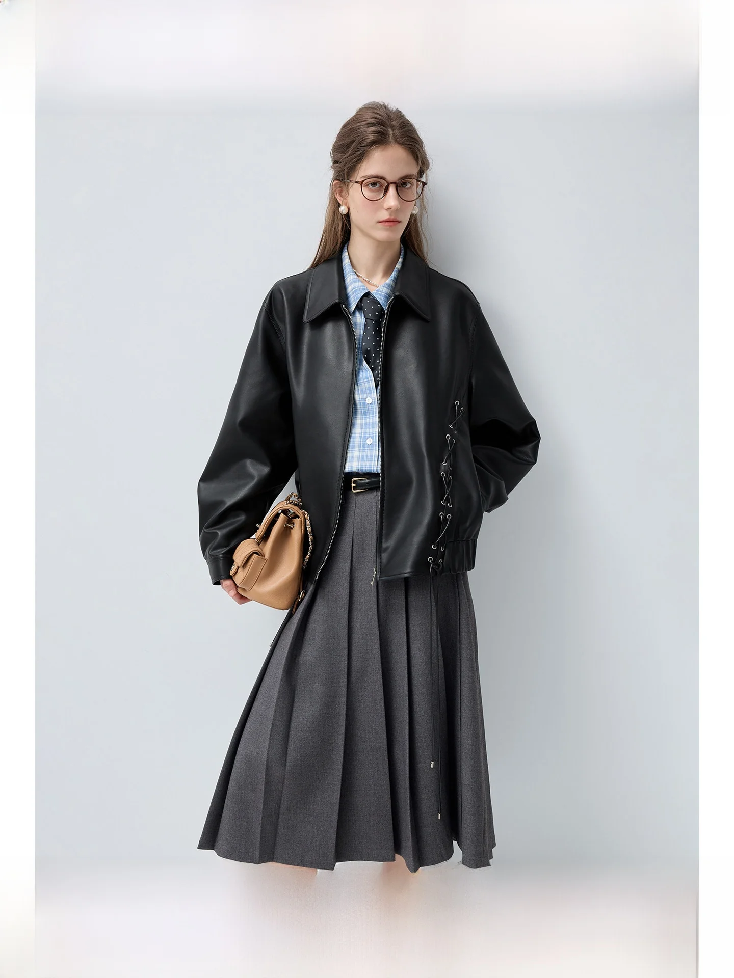 

Sweet And Cool plus Size Women's Leather Jacket Set Plaid Shirt Casual Spring New Style for Plump Mm Skirt Fashionable E...