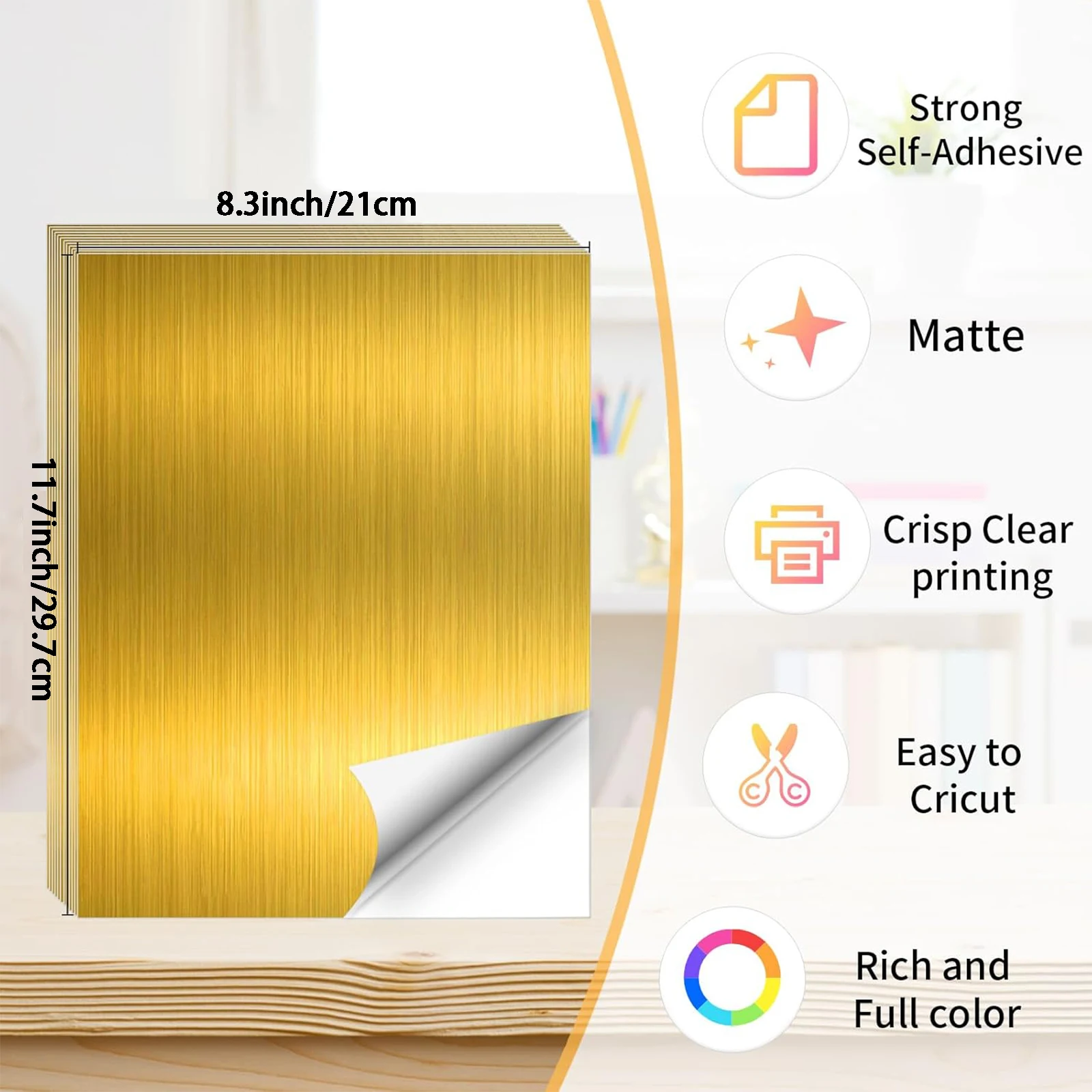 20 Sheets A4 Size Printable Vinyl Sticker Paper Self-adhesive Metallic Brushed Gold DIY Label for Laser Printer Waterproof