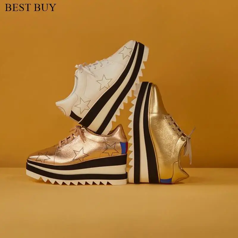 

Stars Women Platform Casual Shoes Genuine Leather Sneakers Thick Bottom Casual Shoes Women Lace-Up Flat wedge Shoes 8CM heel