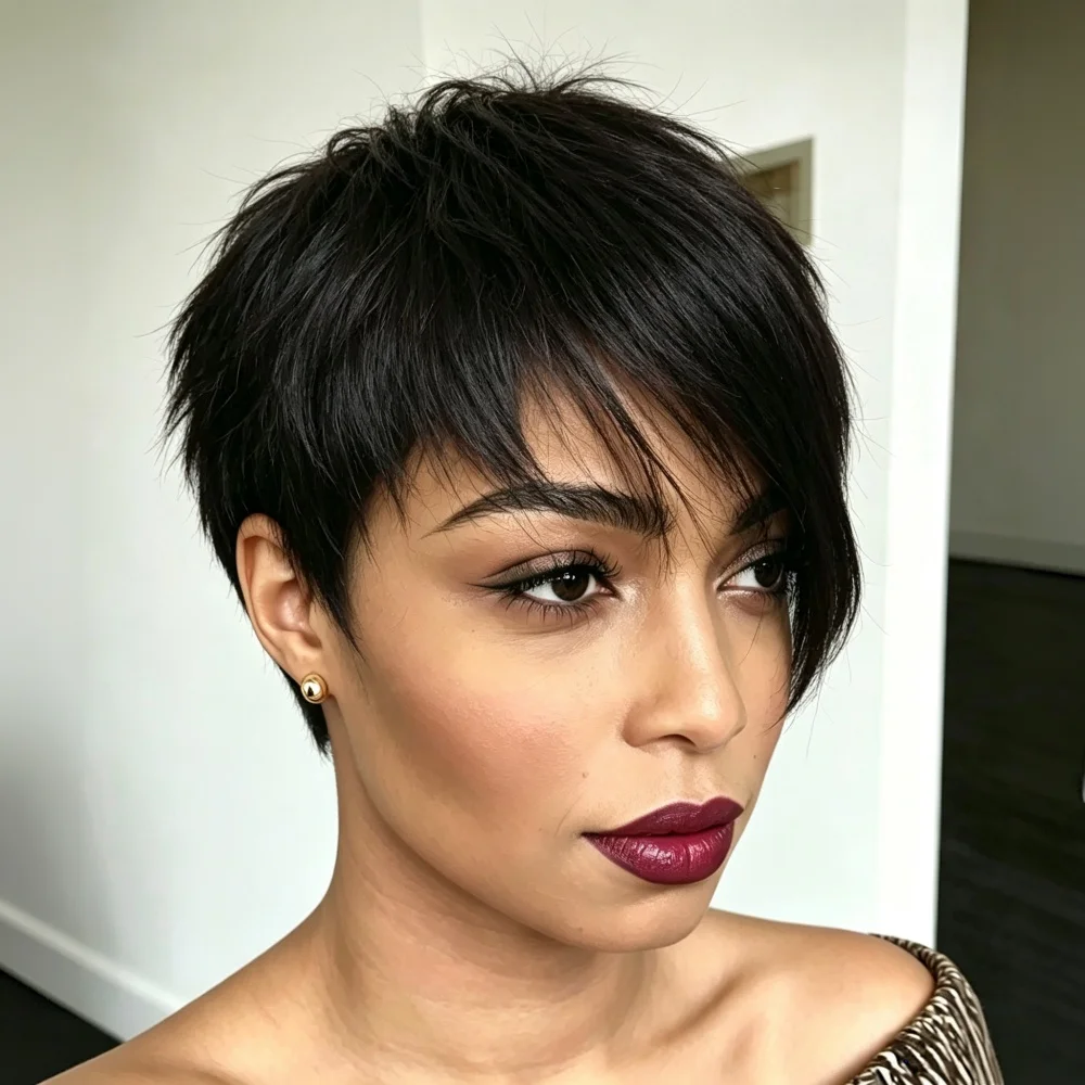 Short Pixie Cut Human Hair Wig, Full Machine Made Short Layered Bob Wig, Natural Black Human Hair Wigs For Women