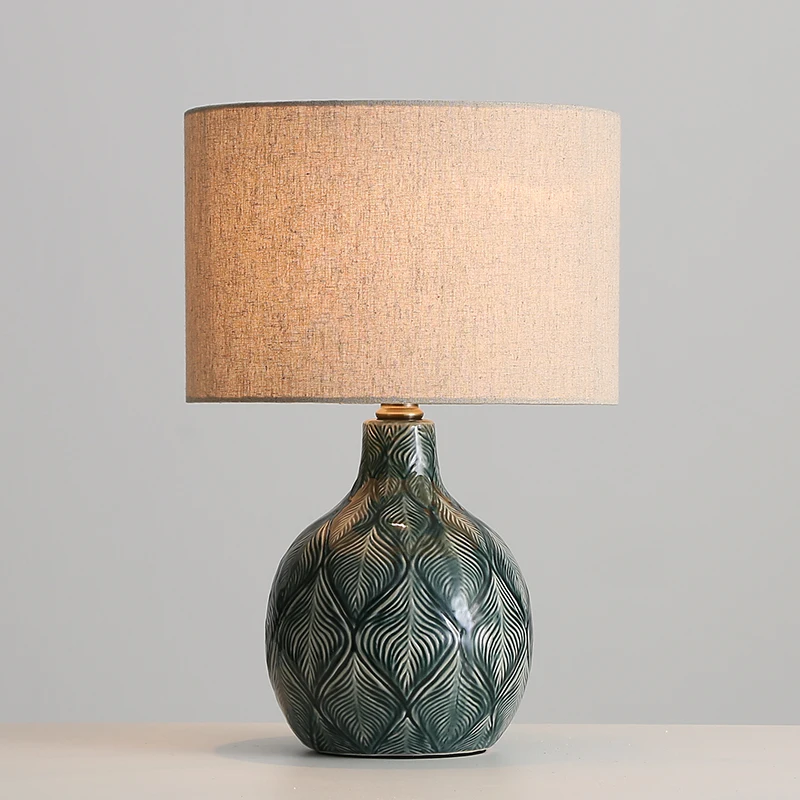 New Peacock Green Feather Pattern Ceramic Table Lights Bedside Lamp for Living Room Study Desk Lamps