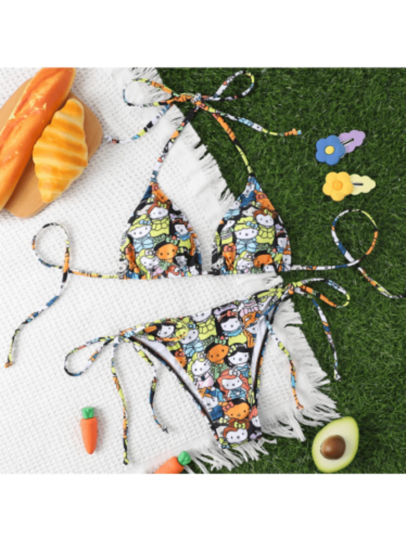 

2pcs/A set Cartoon Cat Print Halter Bikini Set, Women's Tie Side Swimwear,BikiniSeason Kawaii cat print swimsuit for summer