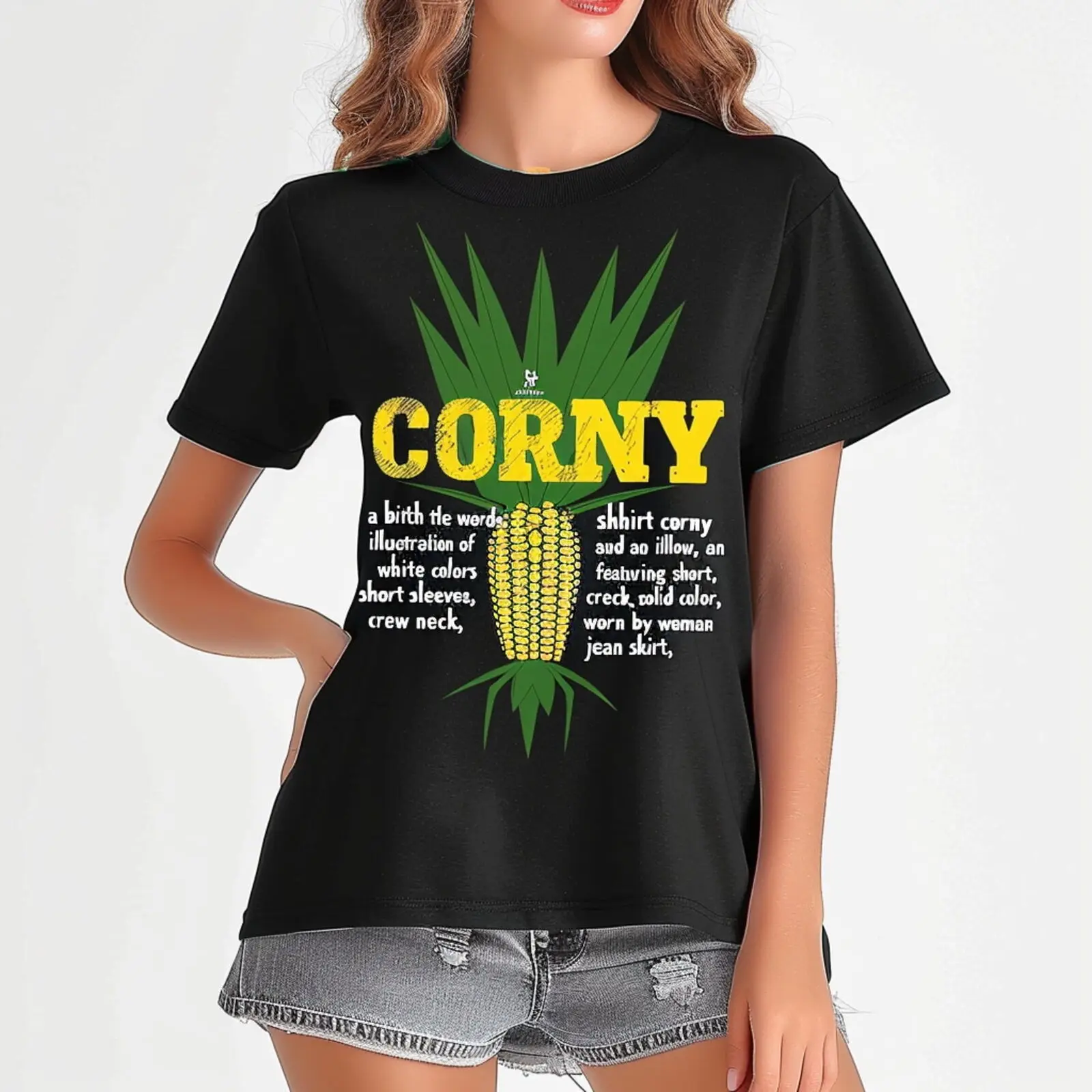 Corny Graphic Black TShirt with Carbonate Ear Design Women's