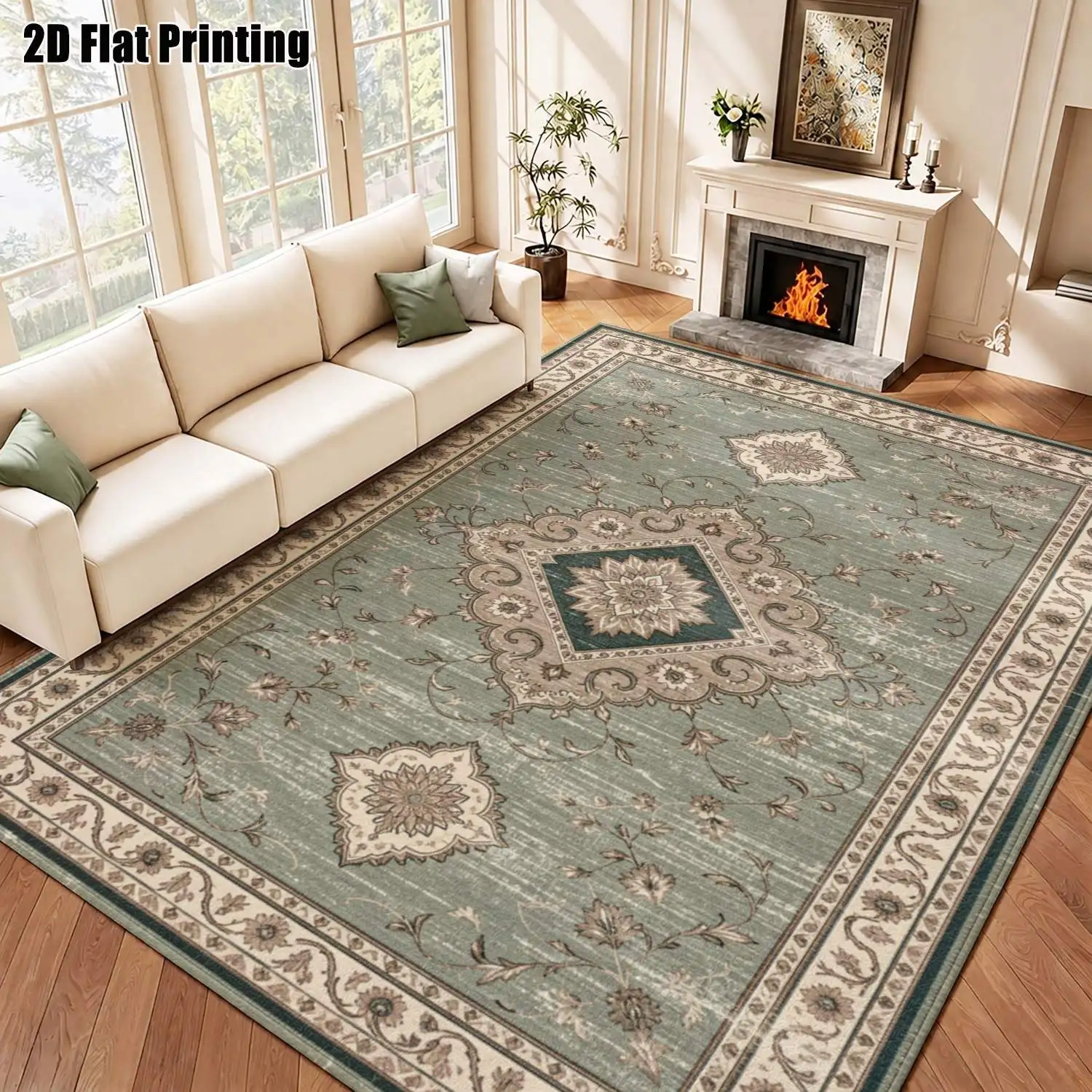 1Pc 2D Printed Retro Green Beige Floral Carpet, European Decor, Multi-Size, Machine Washable, for Door Mat, Dining/Foyer/Living/Bedroom