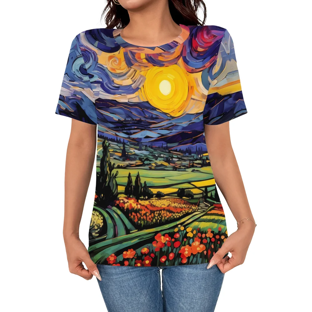 

Summer hot casual fashion women's cartoon field scenery 3D printed short sleeved T-shirt women's elegant art top T-shirt