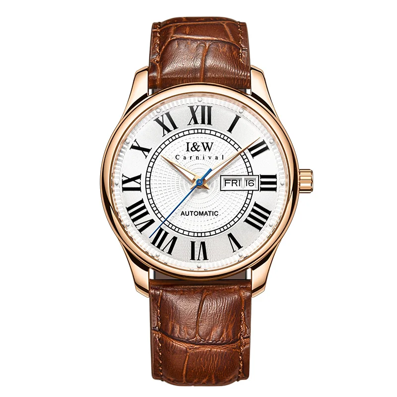 I&W Men Automatic Watch 41mm Mechanical Wristwatch Sapphire Mirror 30m Waterproof Roman Scales Dual Calendar Week Date