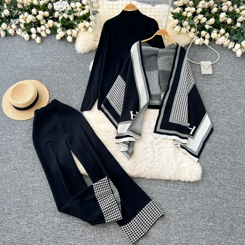 Leisure 3-piece Set 2024 Spring Autumn Women's Versatile Base Mid Neck knitted Sweater Shawl Scarf Jacket Wide Leg Pants