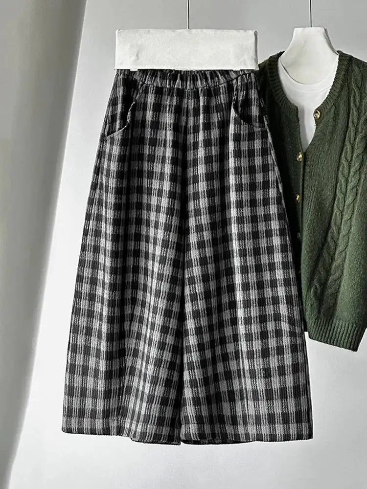 EAM Plaid High Elastic Waist Wide Leg Ankle Length Vintage Pants New Trousers Women Fashion Tide Autumn 2026 30A4051
