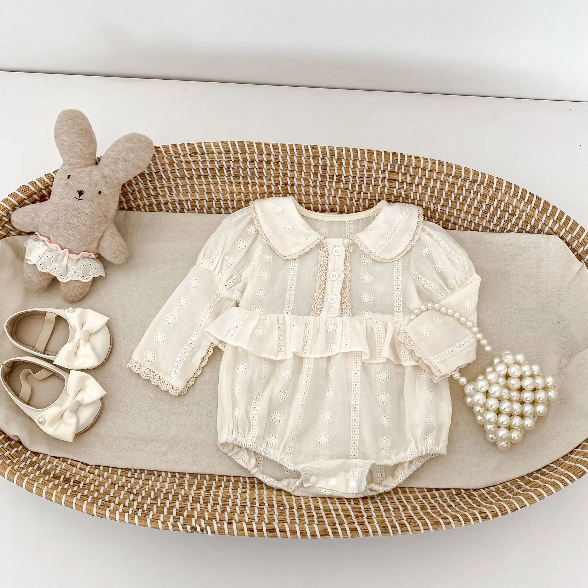 Baby Fall Clothes Pretty Cotton Clothes Baby Girl Full Month Jumpsuit Hollow Jacquard Ruffled Long Sleeve Romper