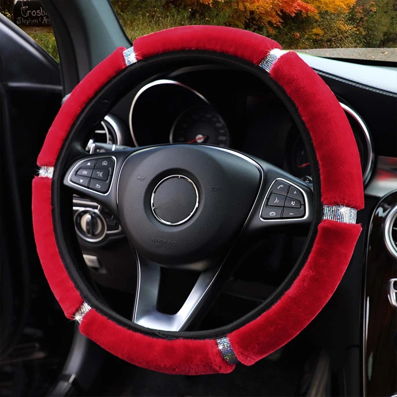 Car Steering Wheel Cover Gearshift Handbrake Cover Protector Decoration Warm Soft Plush Rhinestone Black Pink Women Man