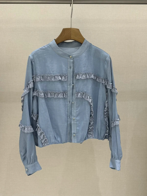 

Casual Style 100% Flax Lace Trim Short Shirt Women's Summer Fashionable Button up Top Breathable Skin-Friendly Long Sleeve