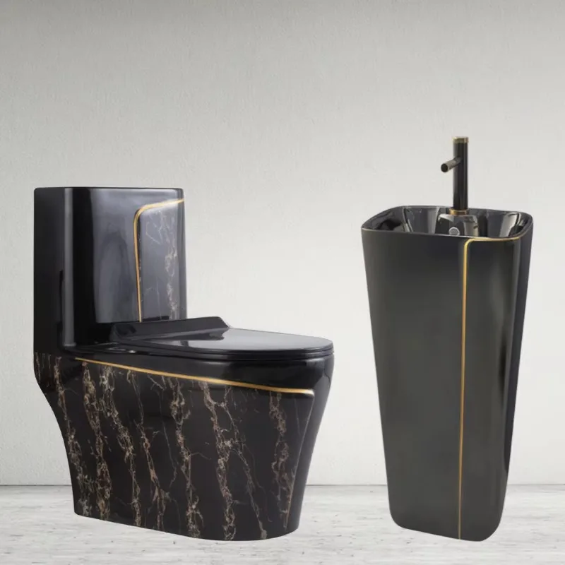 

One Piece Black Gold Toilet Bowl Combo Luxury Water Closet Ceramic Bathroom WC Toilet Sink Set