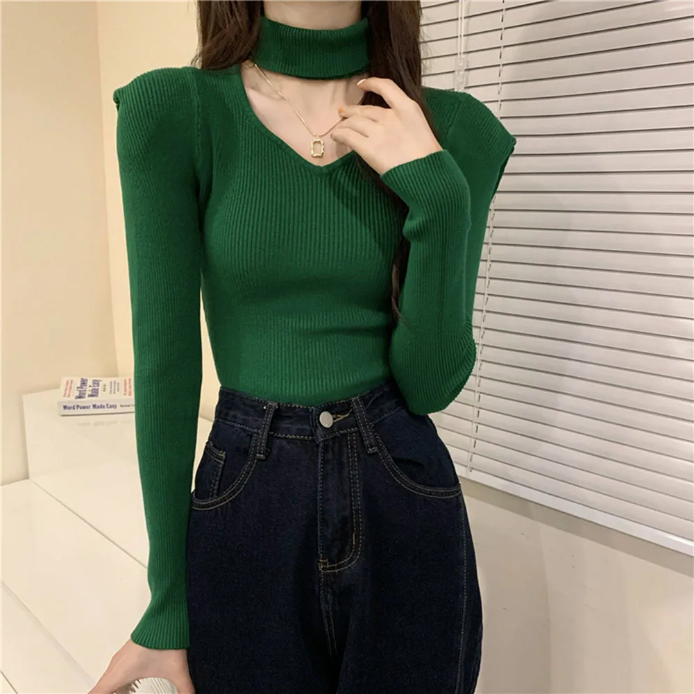 Turtleneck Pullovers Women 2022 Spring Summer Sexy V-Neck Hollow Knit Sweaters Woman Vintage Style Solid Jumper