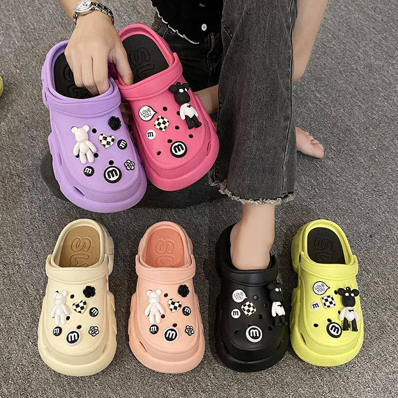 

3-D DIY Decorations Thick-Soled Hole Sandals Height Increase Beach Non-Slip Muffin Cool Slippers Lightweight EVA Garden Clogs