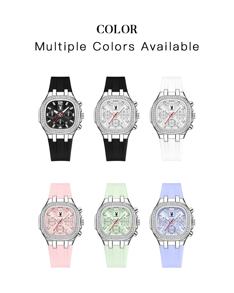 PLAYBOY 3076 Chronograph Quarzuhren für Damen Wasserdicht Leuchtend Elegantes Silikonarmband Diamantlünette Luxus Damenuhren – Detail 13