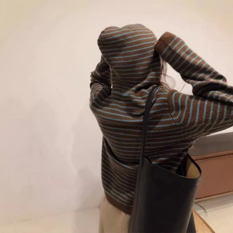 خريف شتاء جديد مخطط مقنعين، فضفاض عارضة محبوك سترة طويل القامة المرأة #3