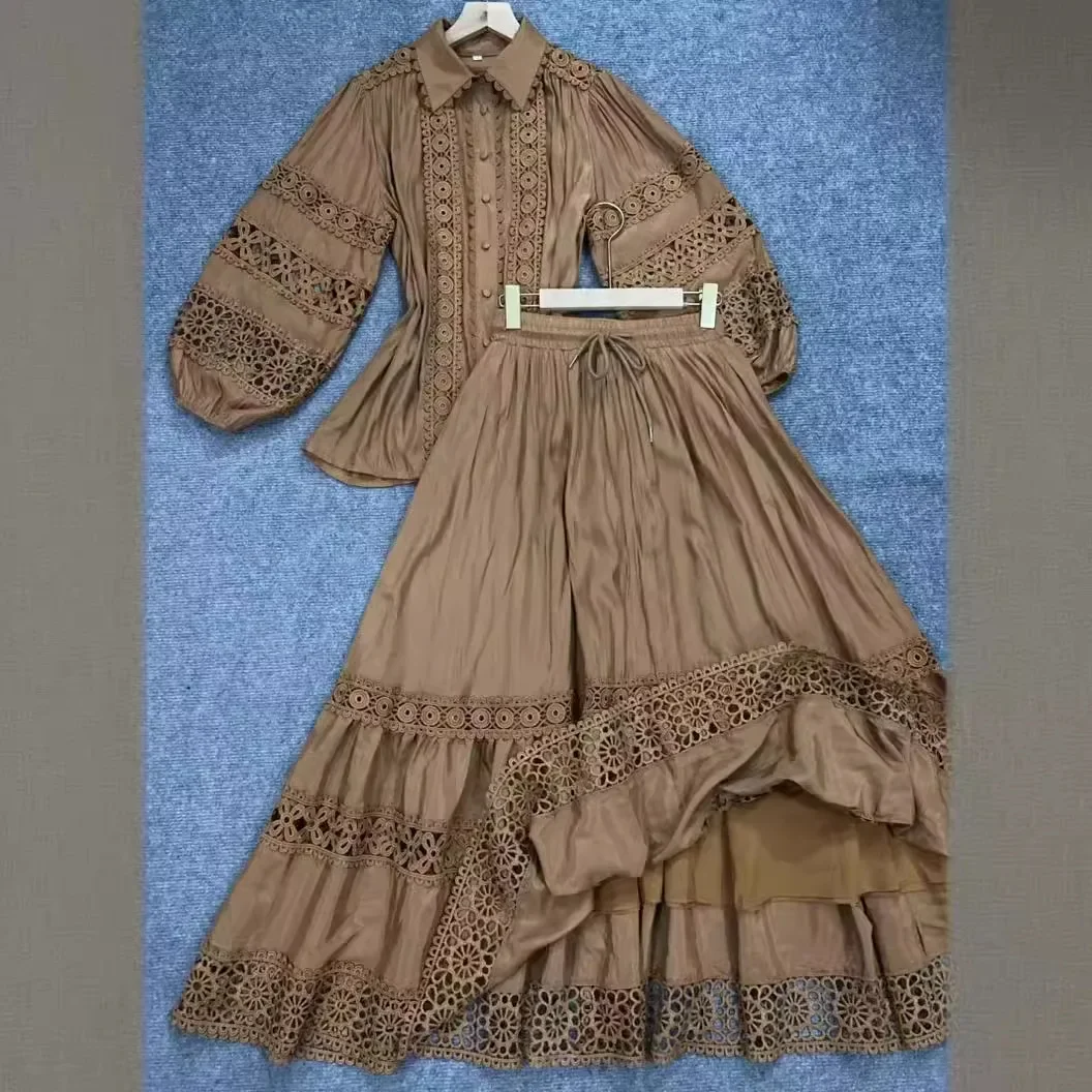 2024 Fashionable versatile lapel patchwork lace lantern sleeve shirt+high waisted skirt set two piece sets womens outifits