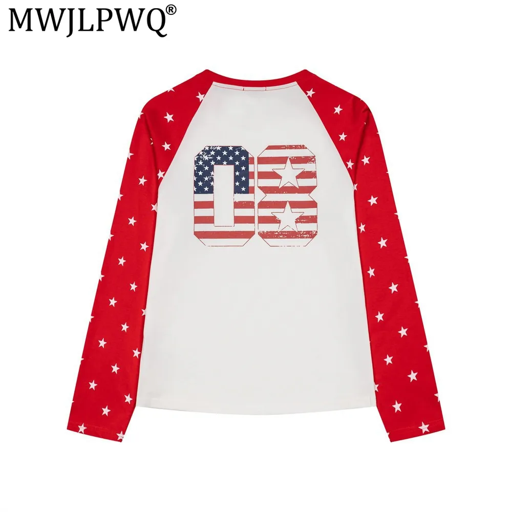 MWJLPWQ Men's Star-Patterned Color-Block Raglan Long-Sleeve T-Shirt American Street Style Trendy INS Design Spring Autumn 21270
