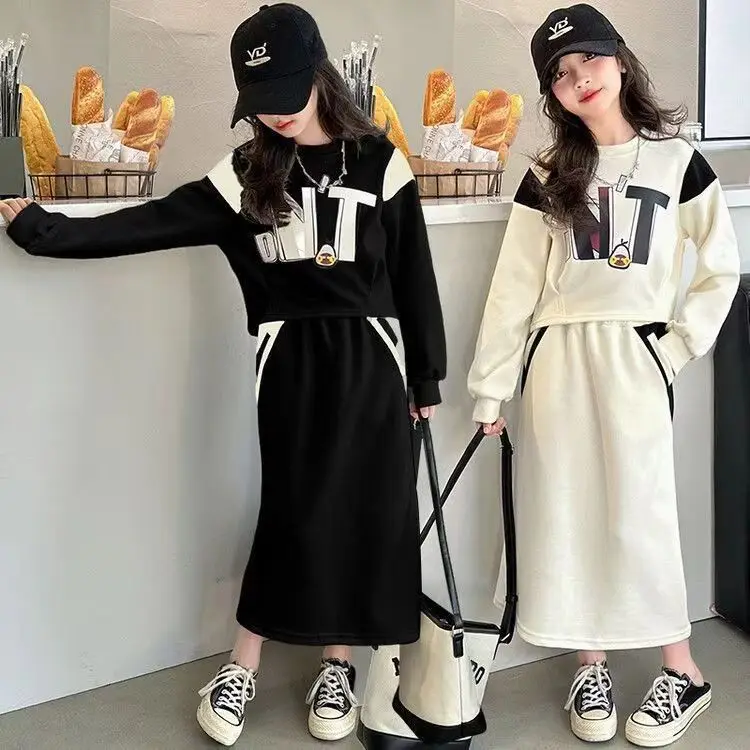 2026 winter autumn Clothes Kids Girls teenager Children letters tops sweatshirt hoodie + split Skirts 4 8 9 10 11 12 13 year