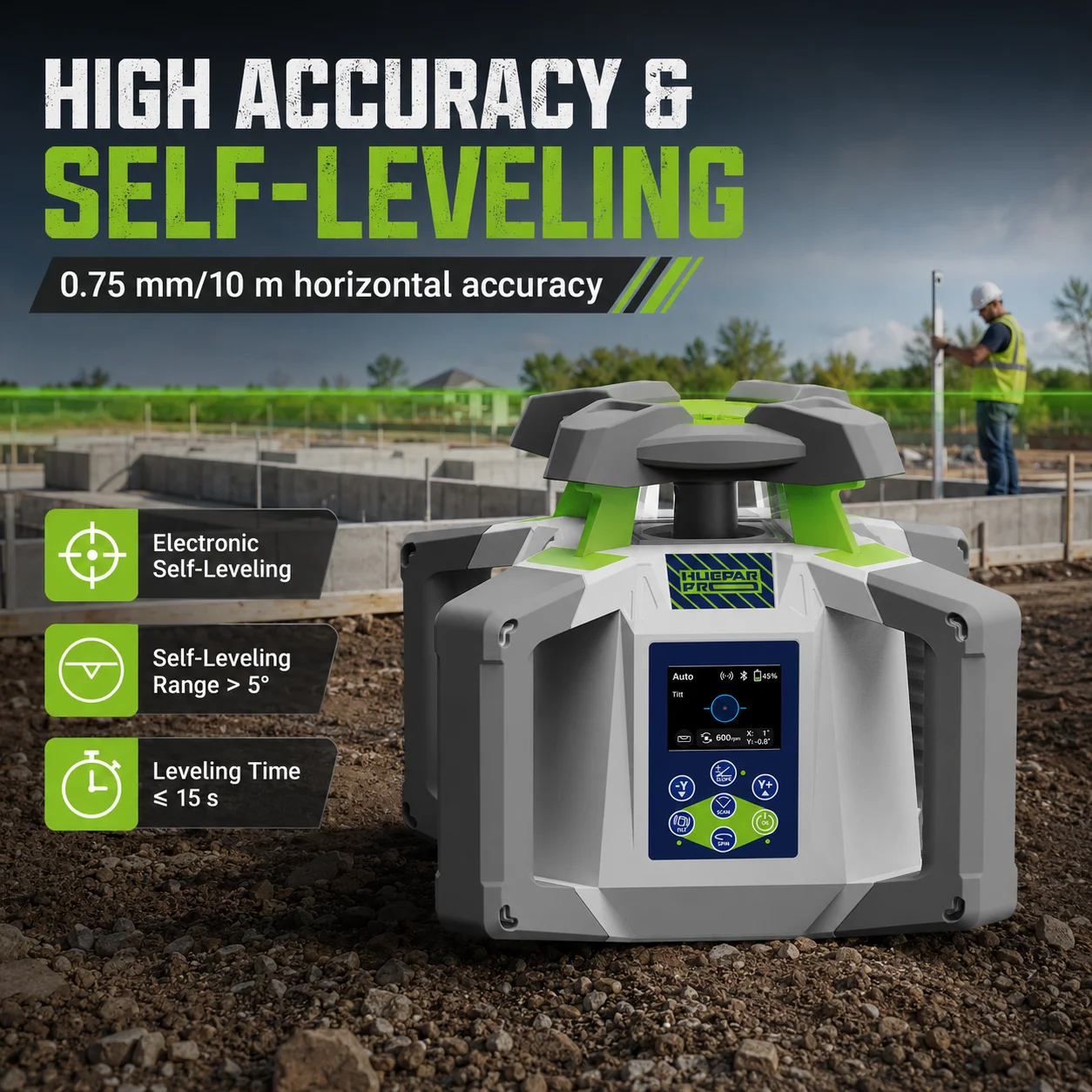 Huepar Pro RL450HVG3-2S Rotating Laser Level, 400m, Dual Lithium Batteries, Auto Tracking, Tilt & Shock Resistance, Professional