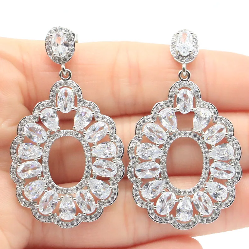 

48x27mm Gorgeous 9.2g Long Big Heavy White Sapphire CZ Females Wedding Silver Earrings