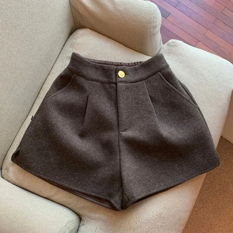 Damen-Shorts aus dicker Wolle mit weitem Bein, Herbst-Winter, neue High-Waist-Shorts, locker geschnitten, gerade geschnitten, Bootcut-Shorts, lässige Oberbekleidung – Detail 20