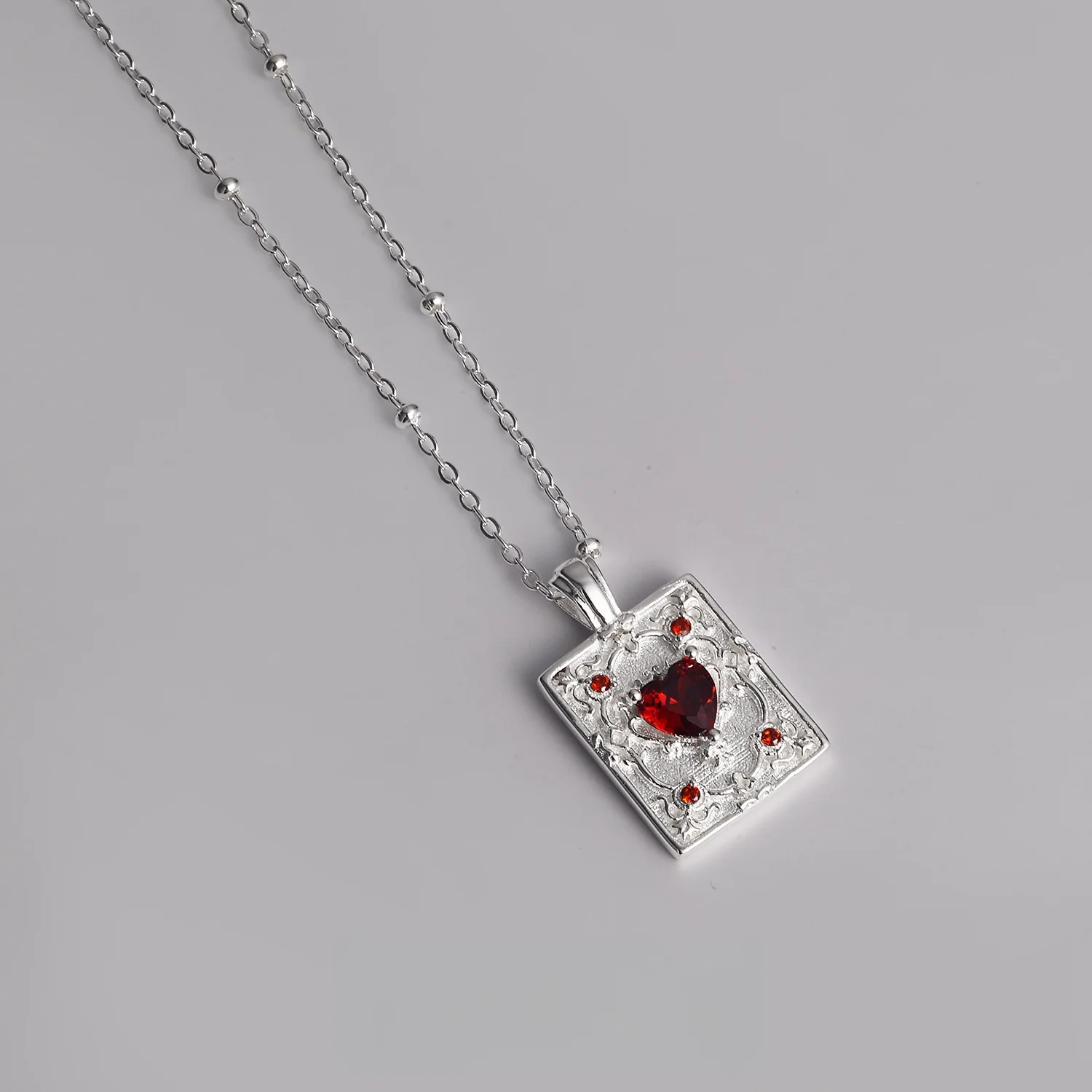 F.I.N.S French-Style S925 Sterling Silver Square Pendant Necklace Embossed Red Zirconia Heart Collarbone Chain Fine Jewelry view 5