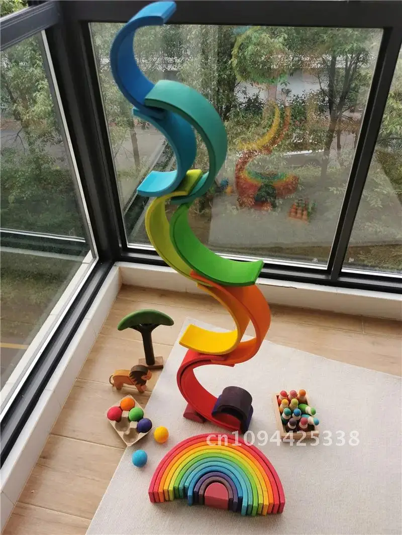 High Quality Wooden Toys Lime Wood Rainbow Arch Stacking Blocks Building Semi Color Sorting Peg Dolls Balls Slat for Kids Play