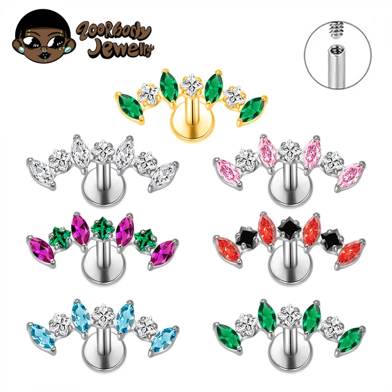 ASTM F136 Titanium Straight CZ Climber Cartilage Helix Percing Earring Curved Marquise Tragus Labret Stud Flat Back Body Jewelry