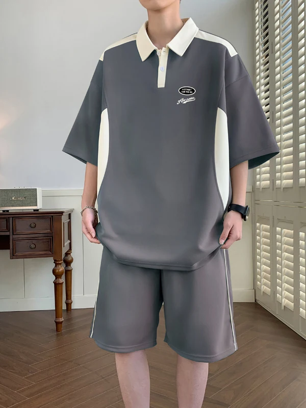 

Летний комплект из футболки и шорт в стиле Color Block, американский ретро-стиль, модный повседневный спортивный костюм для подростков