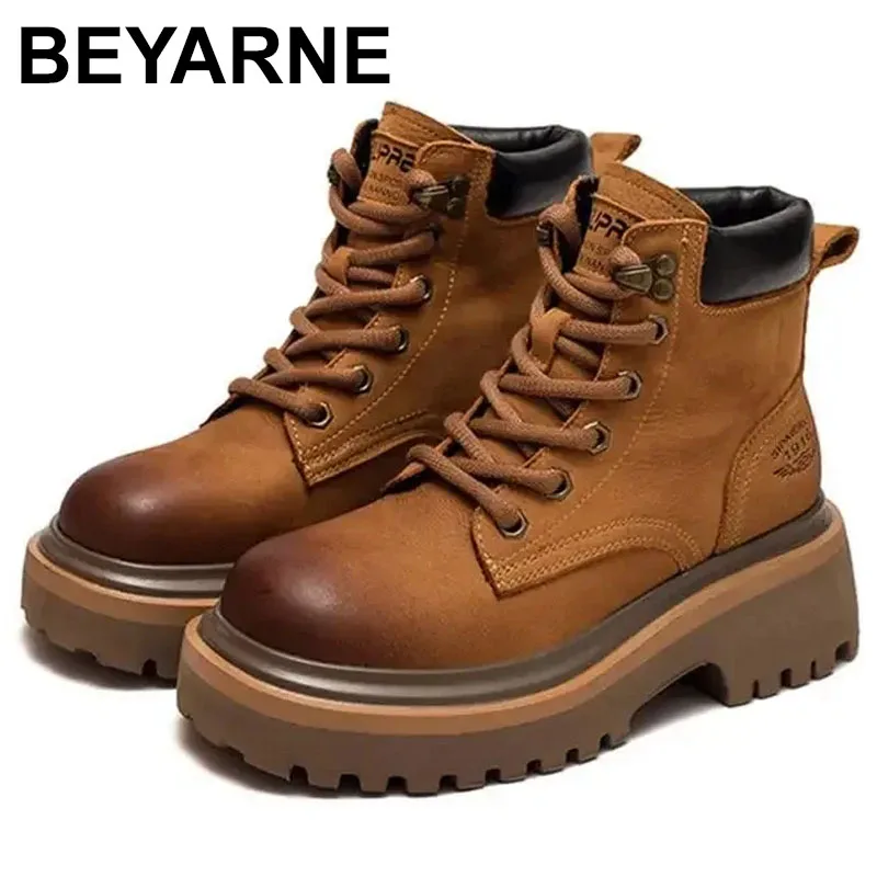 

2025 Women's Ankle Boots Leather Lace Up Ladies Winter Shoes Fashion Cool Platform Boots Black Female Footwear