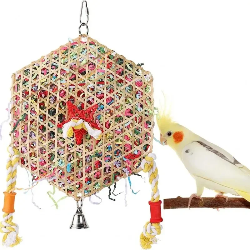 Hexagonal Bird Foraging Shredding Bird Toys for Parrot Conure Accessories Budgie Parakeet Brushed Paper Bamboo Weaving Cage Toy