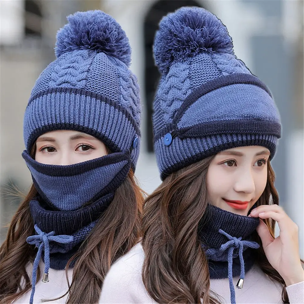 3Pcs Women Beanie Hat Pom Bobble Scarf Mask Set Knitted Winter Neck Warmer Warm Snow Ski Cap Fleece Scarf Outdoor Sports