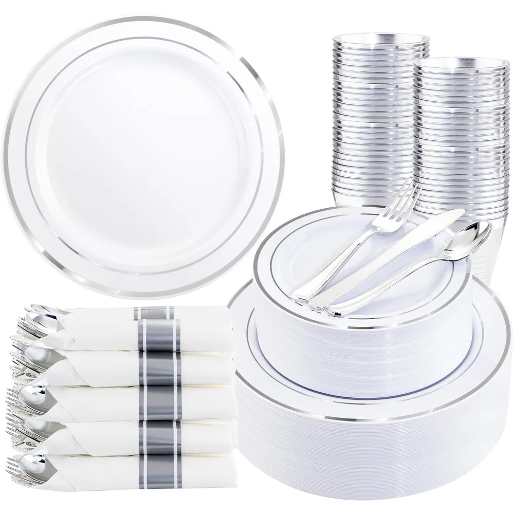 Silver Plastic Dinnerware Set for 50 People: 50 Dinner Plates and 50 Dessert Plates with Cutlery