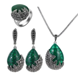 Ajojewel Waterdrop Green Stone Vintage Jewelry Sets For Women Black Rhinestone Earrings Short Necklace Retro Ring Gifts