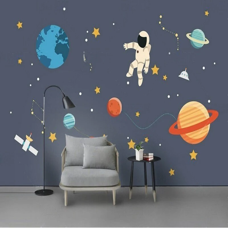 

The children's room features a cartoon space grey earth satellite rocket wall with a TV home decoration background wall