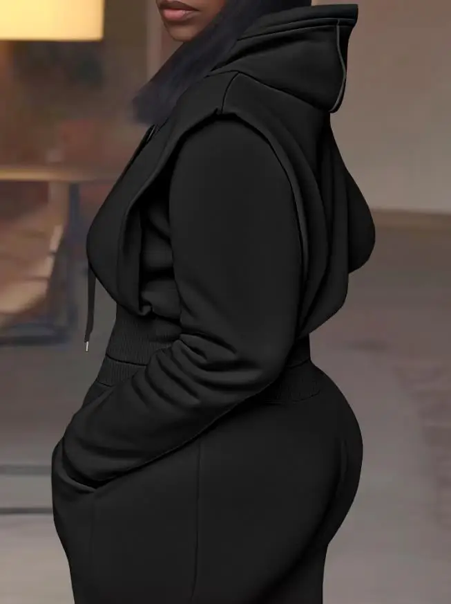 

Autumn 2025 Women's Solid Color Three-Dimensional Cut Long Sleeved Hooded Sweatshirt and High Waisted Straight Leg Pants Set