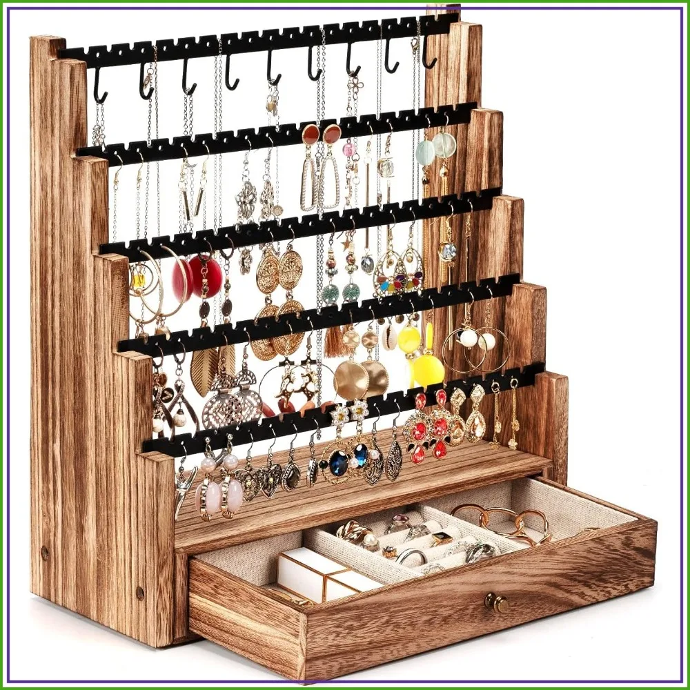 

5-Layer Earring Organizer with Necklace Holder, 175 Holes, Rustic Wood Jewelry Stand for Stud Earrings, Bracelets, Rings