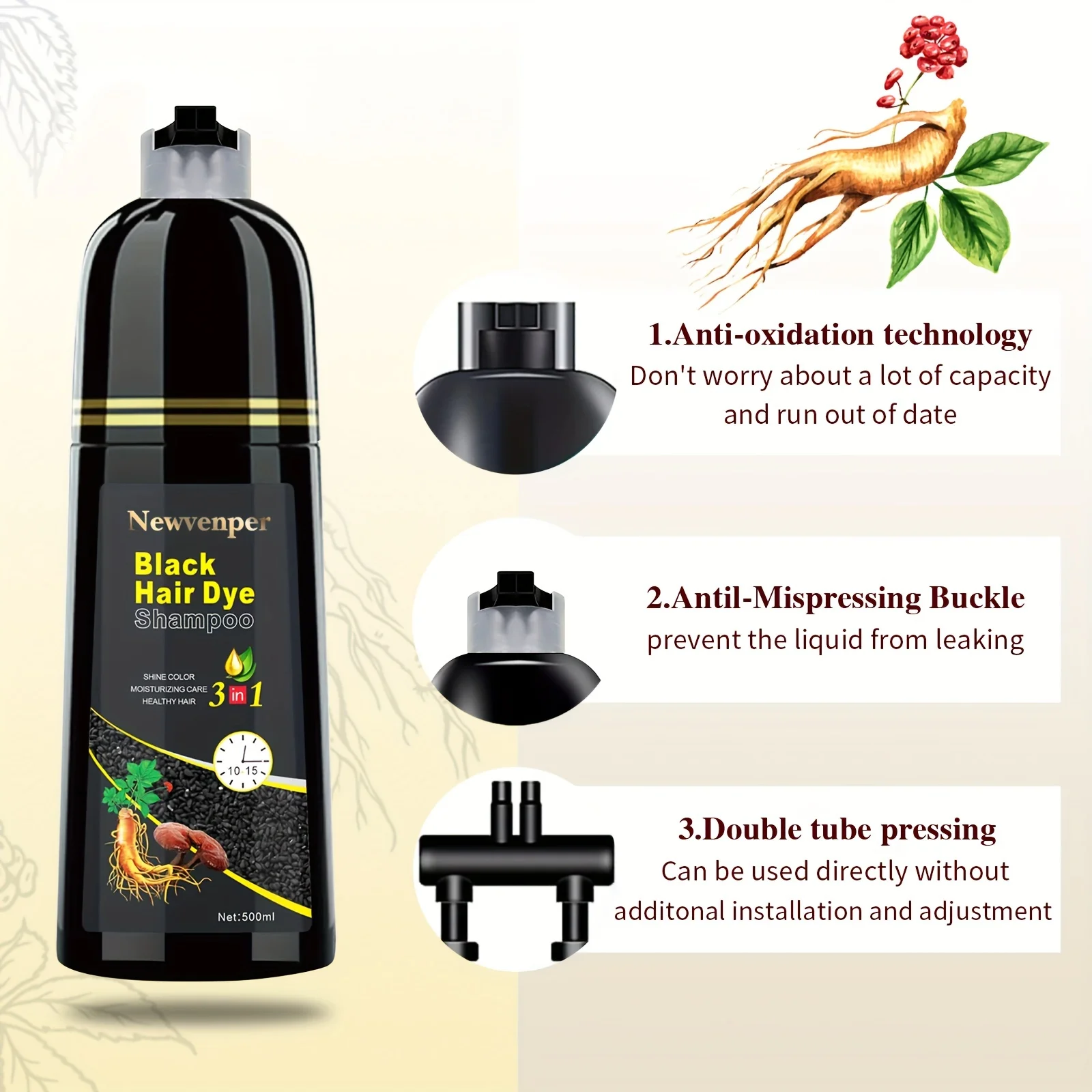 500ML/14.9 Fl.oz Black Hair Dye shampoo Coloring in Minutes Natural & Long Lasting Hair Dye Shampoo  Men & Women Hair turn Black