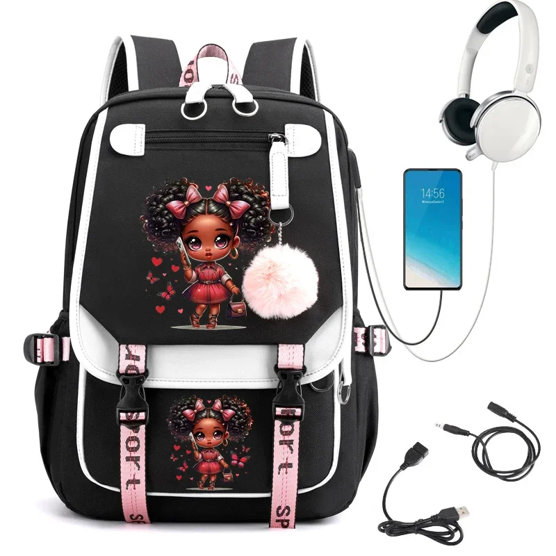 Chibi Black Girl Print Girls School Backpack Bag Cute School Bags for Student Teens Bookbag Laptop Backpack USB Charging Mochila