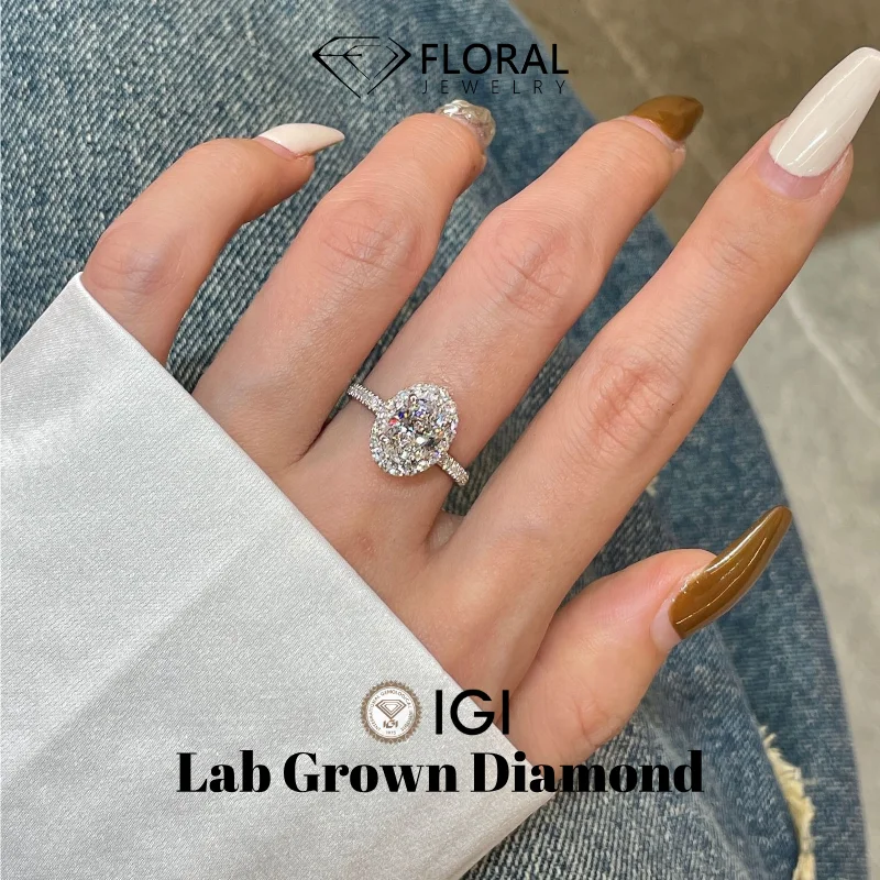 Bague de fiançailles ovale en diamant de laboratoire CVD HPHT, taille DEF VVS, pavée d'halo, 1 carat, 2 carats, 3 carats, 5 carats, en or 18 carats véritable avec certificat IGI