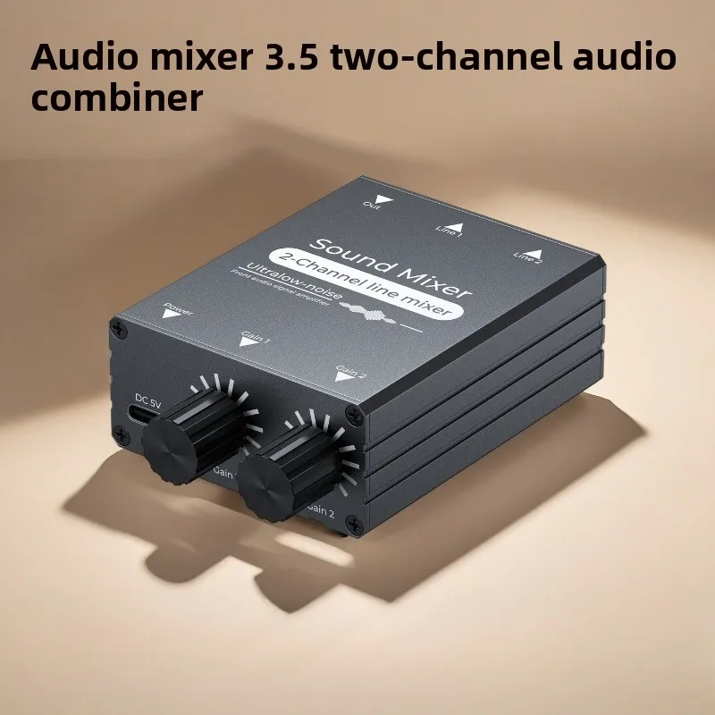 2Ch 3.5mm Audio Mixer 2 in 1 Out Stereo Sound Synthesizer Volume Adjust Mini Audio Device for Live Streaming Phone PC