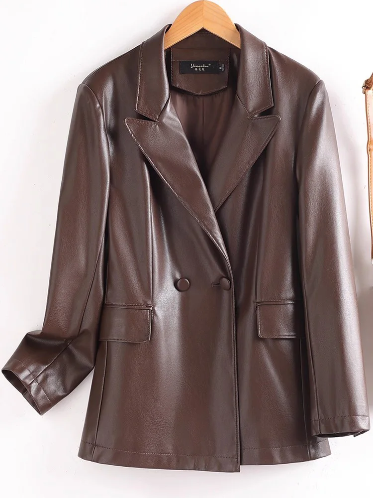 Nuovo Donna Giacca in pelle spaccata Primavera Autunno Moda Colletto con intaglio Vita morbida Giacca in pelle Semplicità casual Cappotto da donna