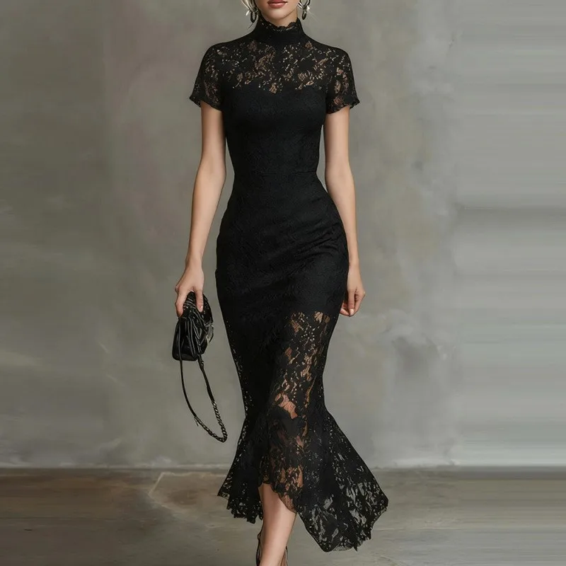 

Elegant Lace Patchwork Women Evening Dress Sexy Short Sleeve Half High Collar Slim Maxi Dress 2026 Hollow Out Ladies Dresses