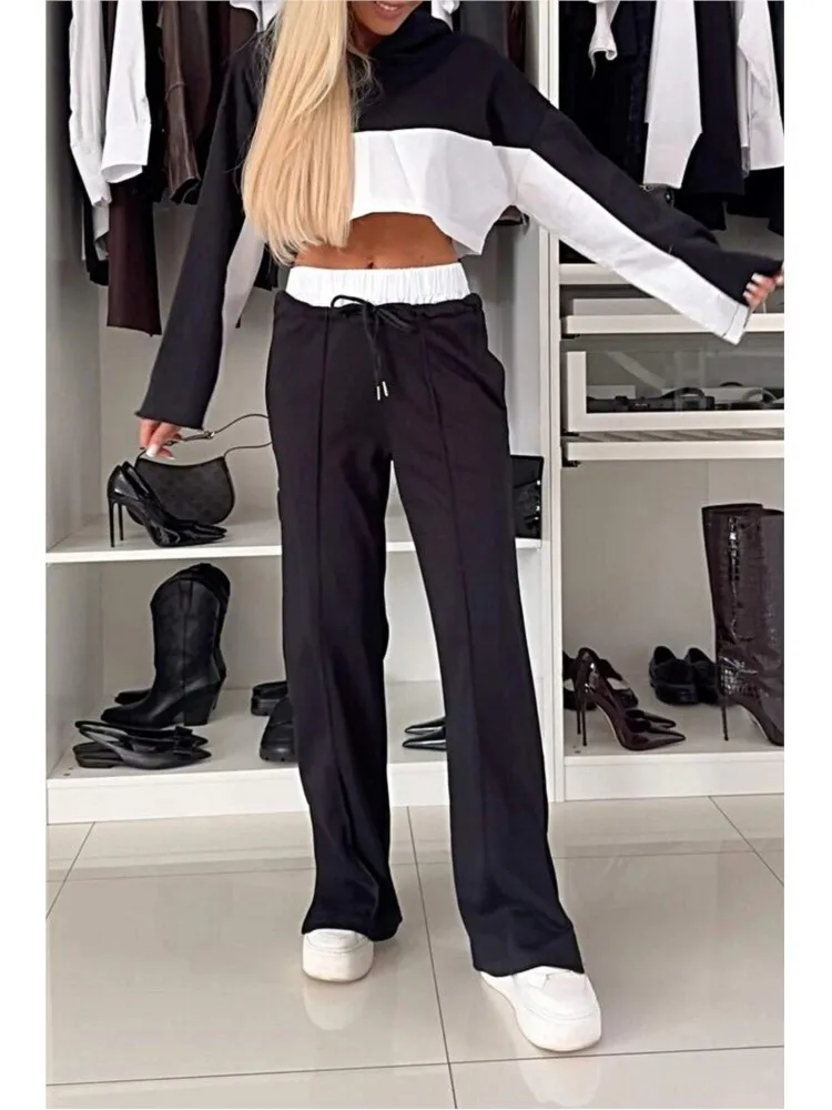 

Elegant Hooded Long-sleeved Sweatshirt Short Top ＋wide Leg Pants Fake 2-piece Set Women Color Matching Loose Lace Up Suit Female