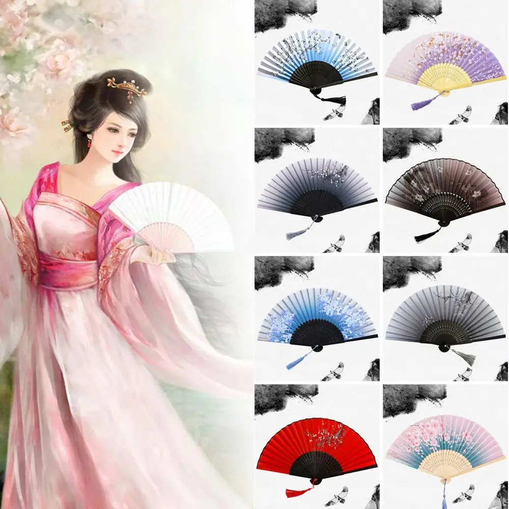 1pc Bamboo Chinese Japanese Folding Fan Colorful Tassel Elegent Female Fan Vintage Style Folding Fan Silk Hand Fan