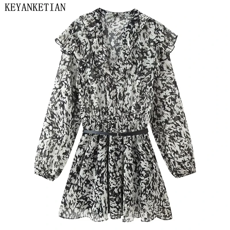 KEYANKETIAN Herbst Neue frauen V-ausschnitt Rüschen Rand Layered Lange Ärmeln Graffiti Print Mit Taille Gürtel Mini Slim Fit Kleid