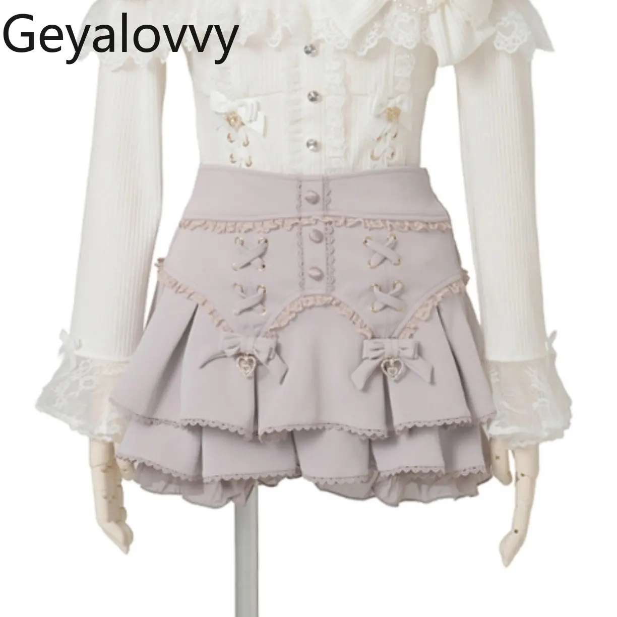 

2026 New Japanese Style Cross Ribbon Multi-layer Lace Short Skirt Sweet Girls Versatile High Waist Bowknot Mini Skirts Shorts