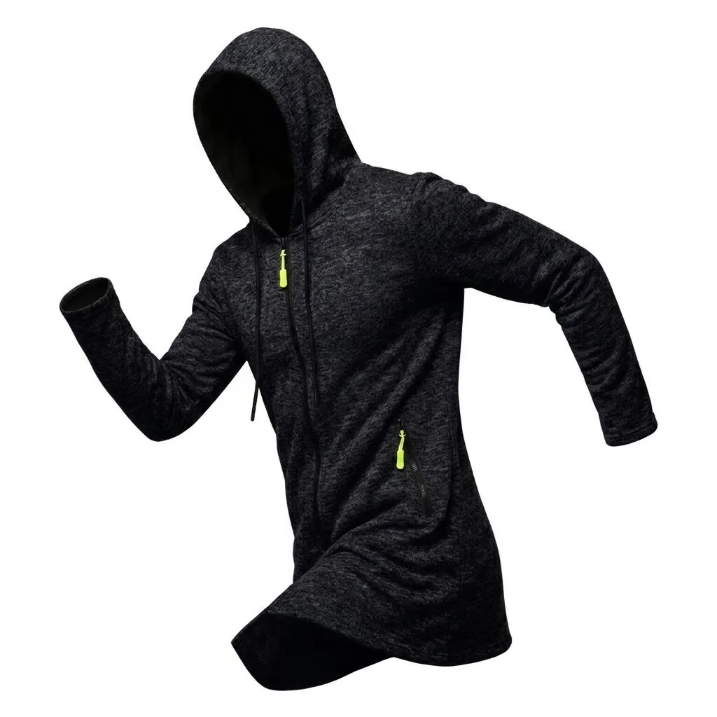 Neue Herren-Kapuzenjacke mit Reißverschluss, thermisch, winddicht, lässiger Fleece-Sweatshirt, Reißverschlusstaschen, langer Mantel für Outdoor-Aktivitäten, mit Kapuze – Detail 3