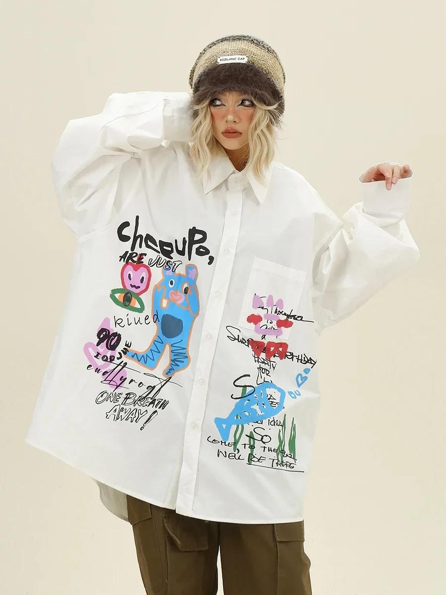 Fun Cartoon Long-sleeved Shirt 2024 Autumn New Loose Bf American College Style Versatile Top Women